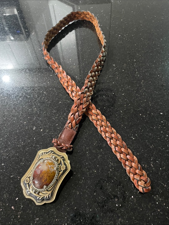 Accessories - BEAUTIFUL! Vintage Brown Braided Leather Belt with Agate Stone Buckle